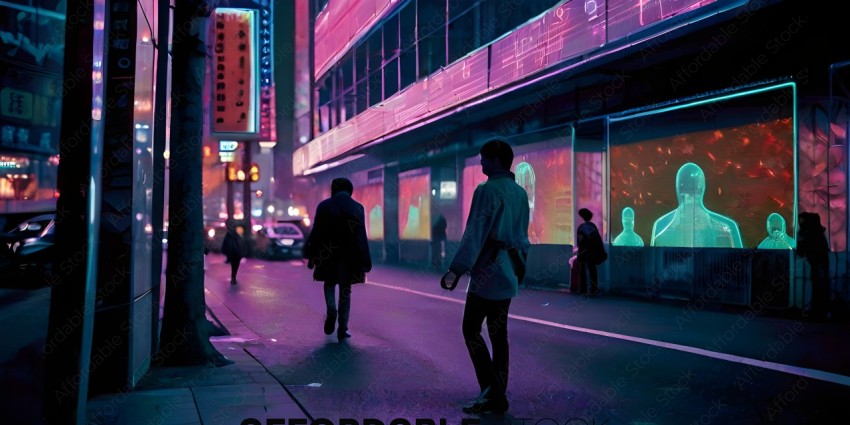 Two men walking down a city street at night
