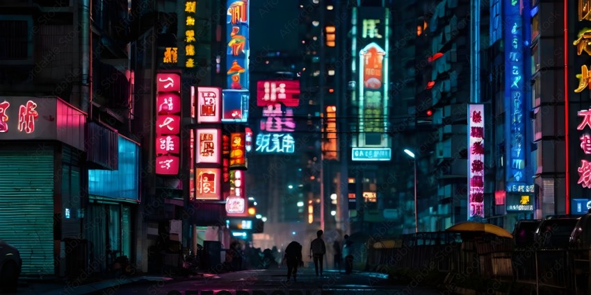 People walking down a street at night in an Asian city