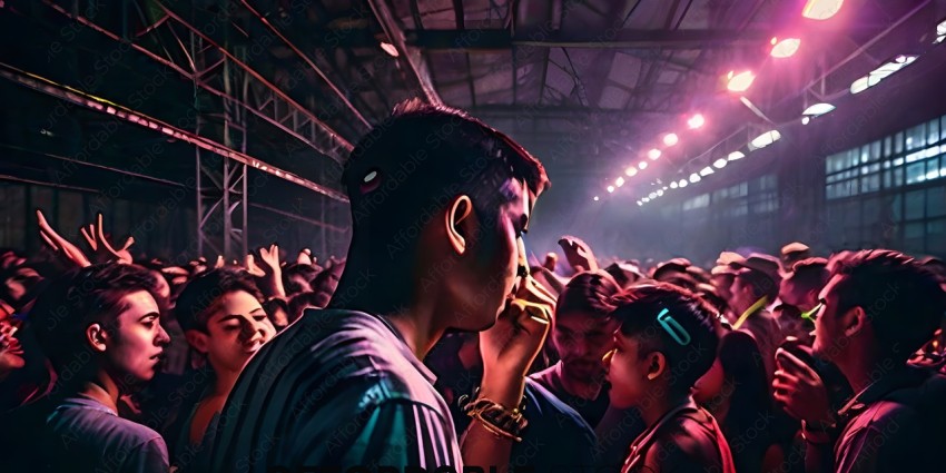 A man with a cigarette in his mouth is surrounded by a crowd of people