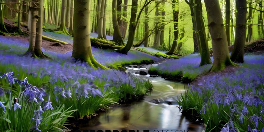 A forest with blue flowers and a stream