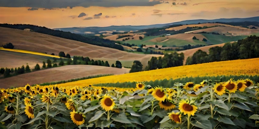 A field of sunflowers with a mountain range in the background