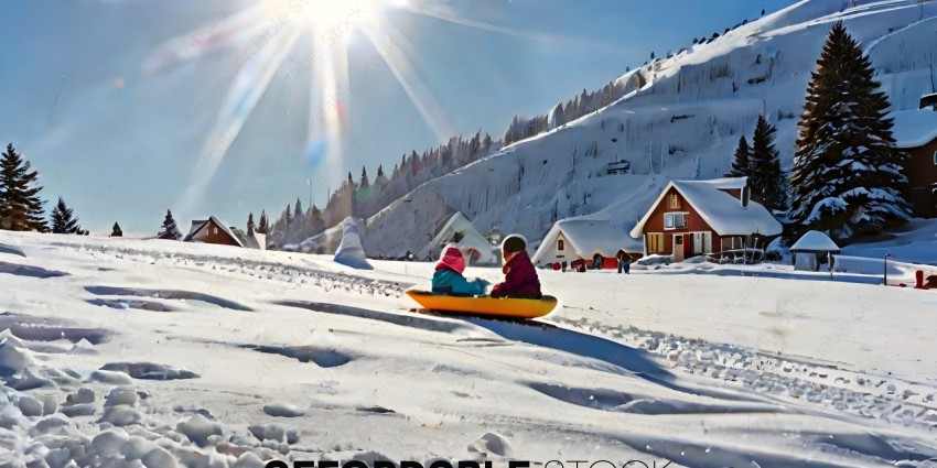 Two children slide down a snowy hill on a yellow sled