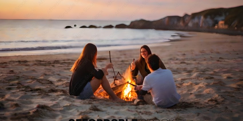 Three people sitting on the beach by a fire