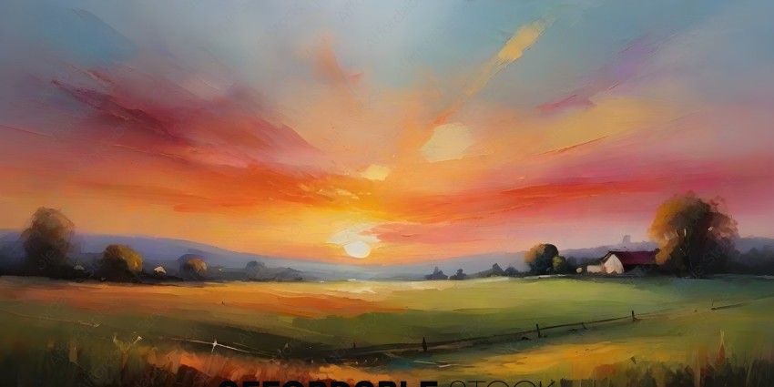 Painting of a sunset with a field and trees