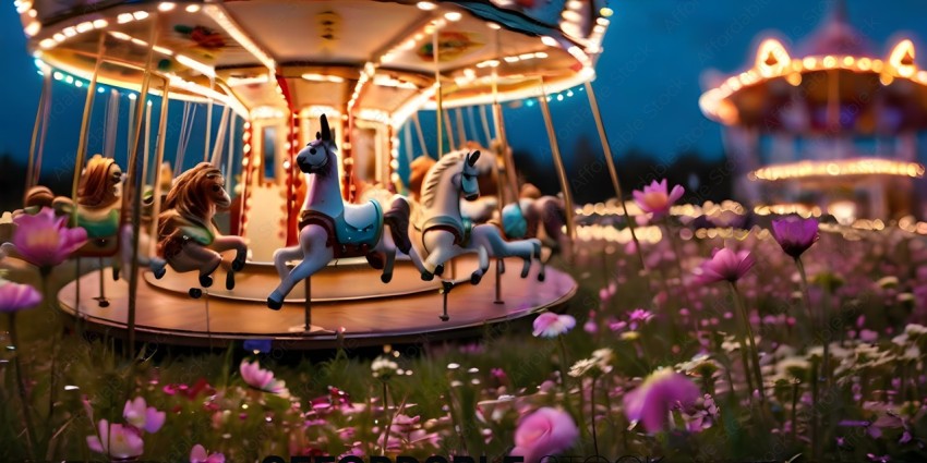 A carousel with a horse and a pony on it