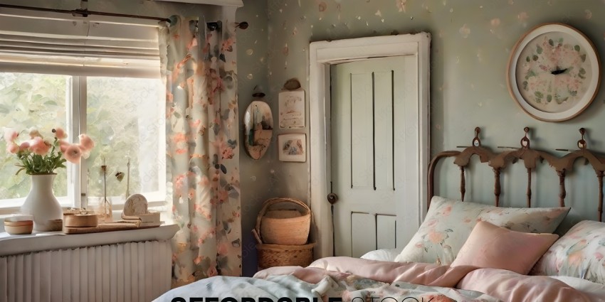 A bedroom with a floral curtain and a pink blanket
