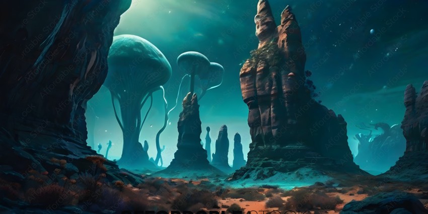 A fantasy landscape with mushrooms and rock formations