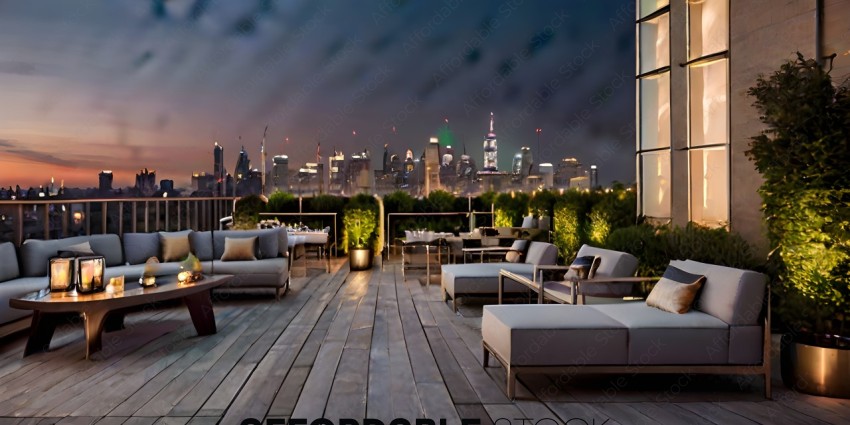 A cityscape at night with a rooftop patio