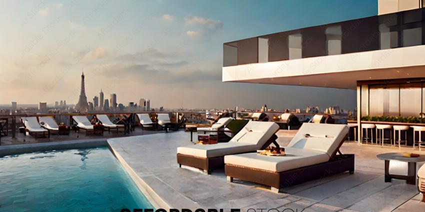 A view of a rooftop patio with a pool and lounge chairs