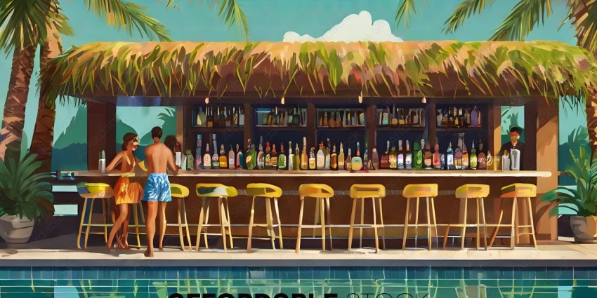 A man in a swimsuit standing at a bar with a pool in the background