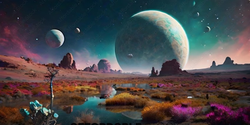 A Planetary Scene with a Planet, Moon, and Rock Formations