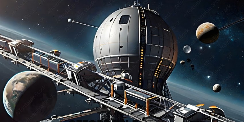 A futuristic space station with a large dome and a bridge