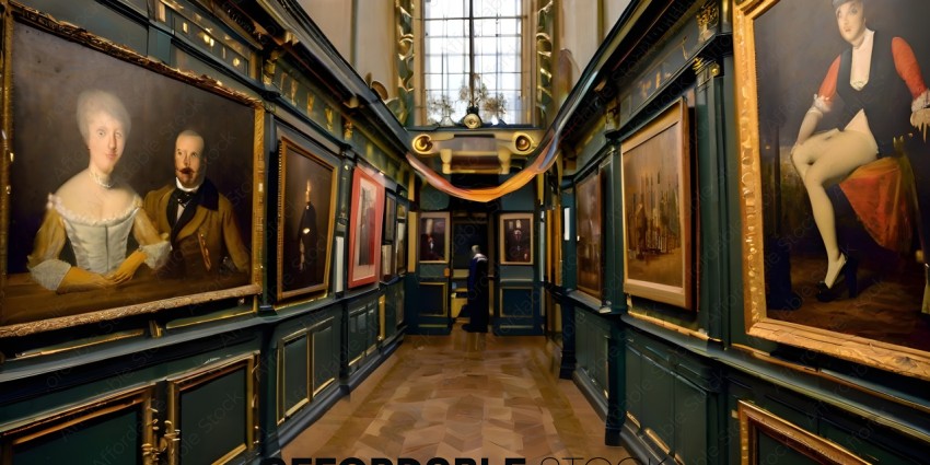 A long hallway with many paintings on the walls