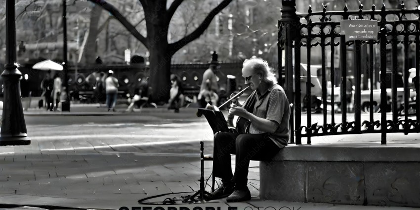 A man playing a flute on a sidewalk