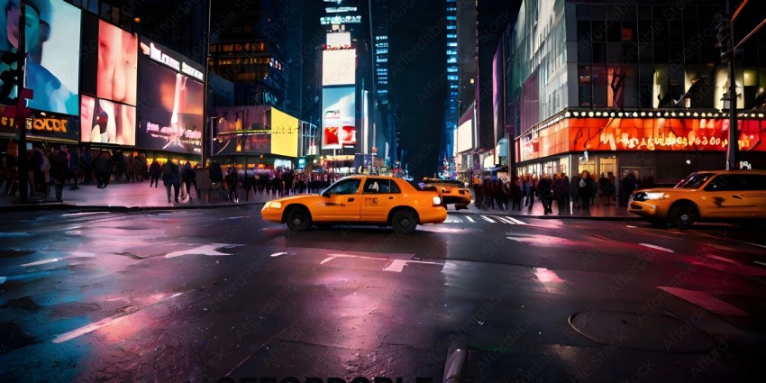 A yellow taxi cab driving down a busy city street