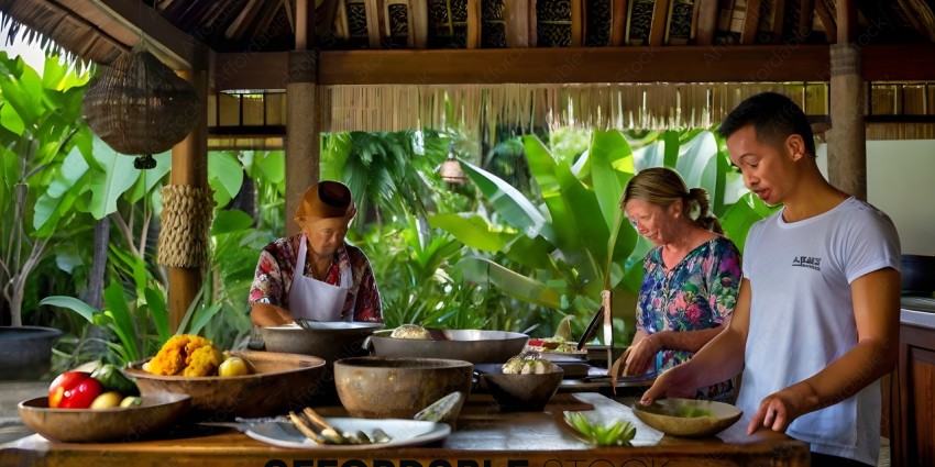 Two women cooking in a tropical setting