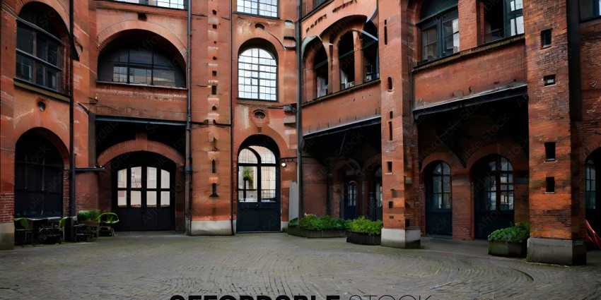 A view of a courtyard with a brick building in the background