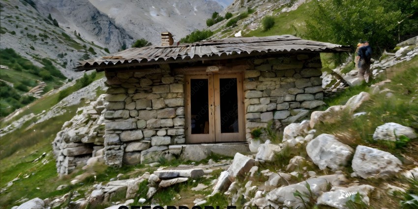A small stone hut with a wooden door