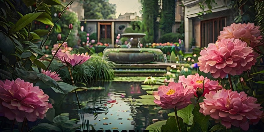 A beautiful garden with a pond and a fountain