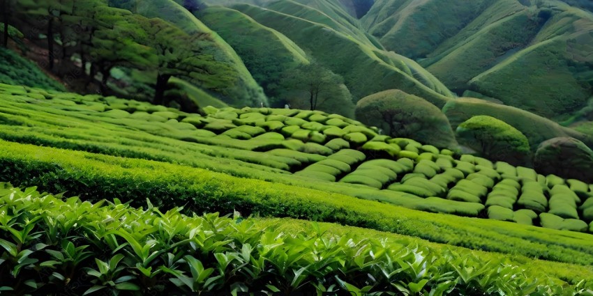 A lush green hillside with a tea plantation