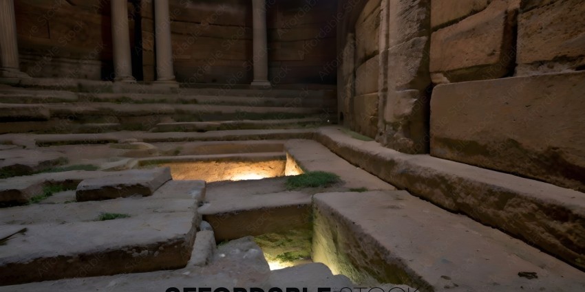 A view of a set of stone steps with light shining on them