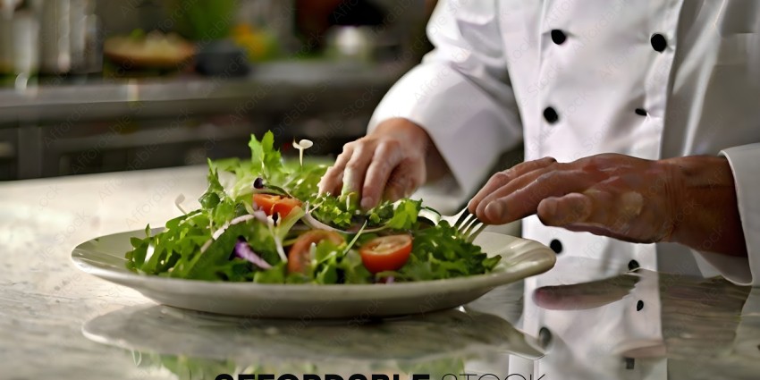 A chef in a white uniform is cutting a salad with a fork