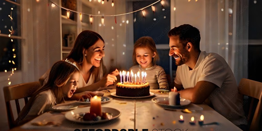 A family of four celebrating a birthday with a cake