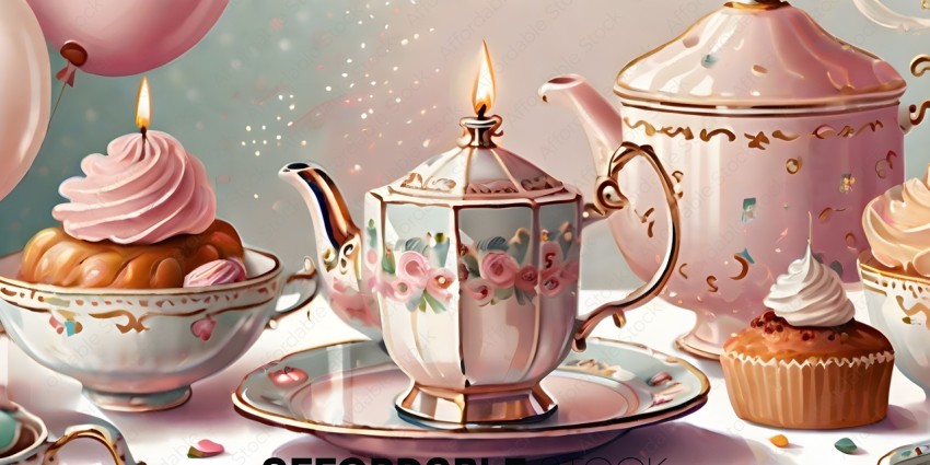 A tea set with a lit candle and a teapot