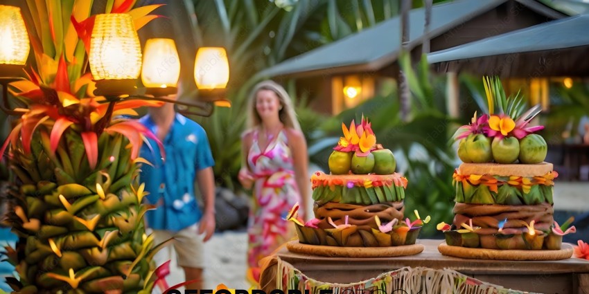 A couple walking past a cake with a tropical theme