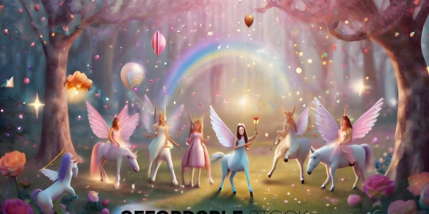 A group of fairies and a unicorn in a field with a rainbow