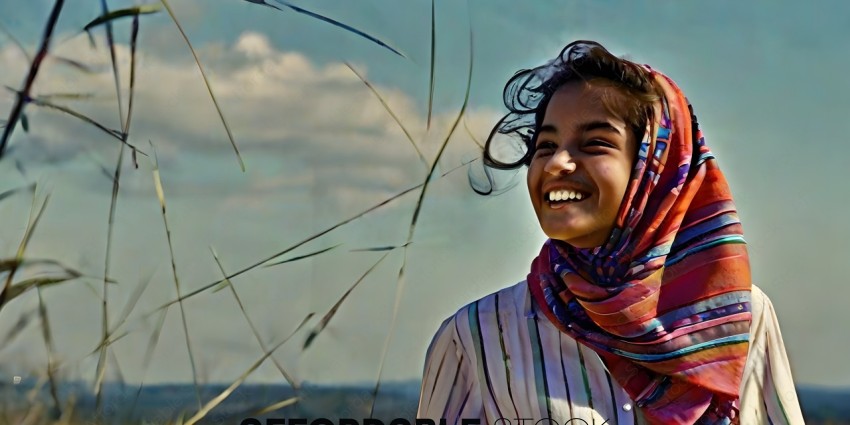 A young woman wearing a scarf smiles at the camera