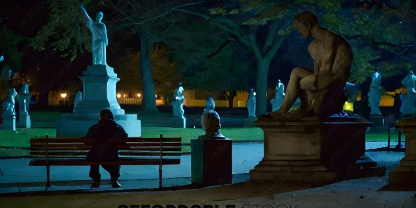 A person sitting on a bench in a park at night