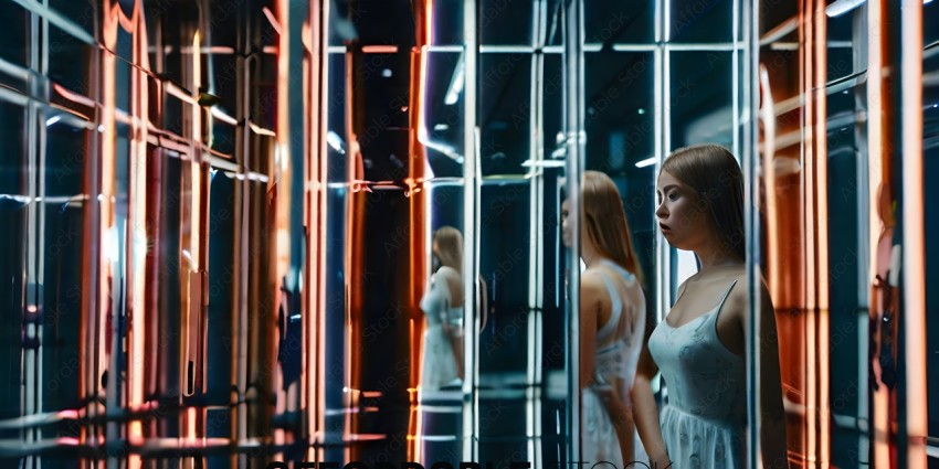 A woman in a white dress looking at her reflection in a mirror