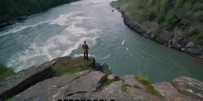 A man standing on a cliff overlooking a river