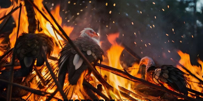 A bird standing in front of a fire
