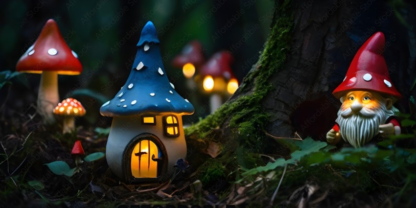 A small blue house with a mushroom roof and a light inside