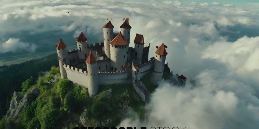 A castle with a cloudy sky in the background