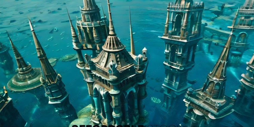 A fantasy city with a castle and sea creatures