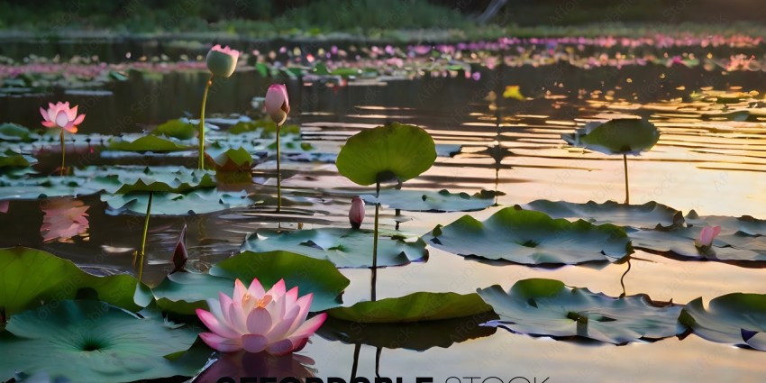 A pink flower in a pond with other flowers