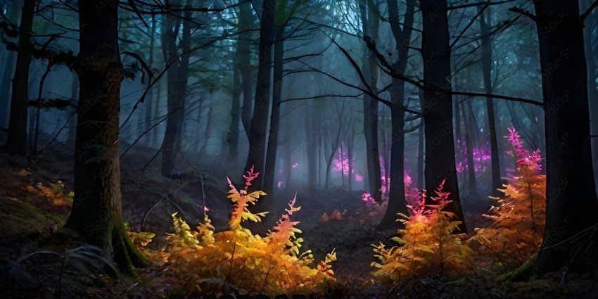 A forest with a misty atmosphere and a few flowers