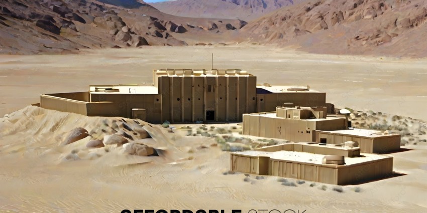 A desert landscape with a large building in the background