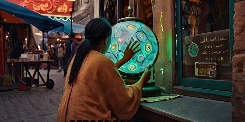 A woman looking at a green globe