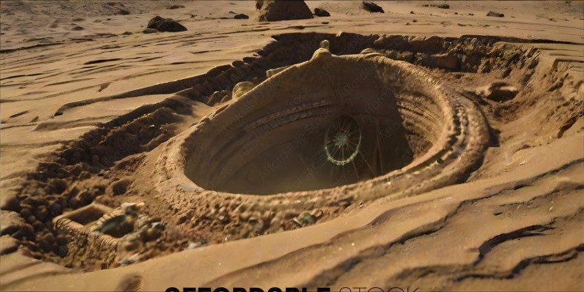 A large hole in the ground with a wheel in it
