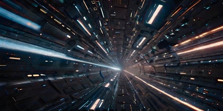 A futuristic cityscape with a tunnel of light