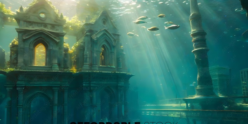 An underwater view of a castle with fish swimming around it