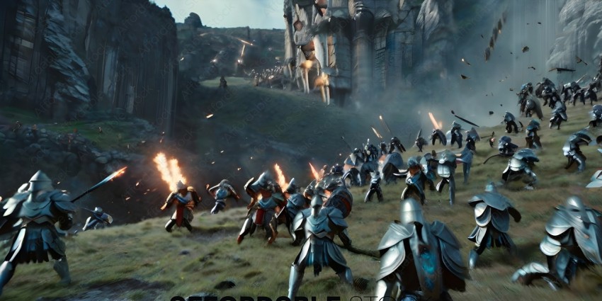 A group of soldiers in armor are running through a field