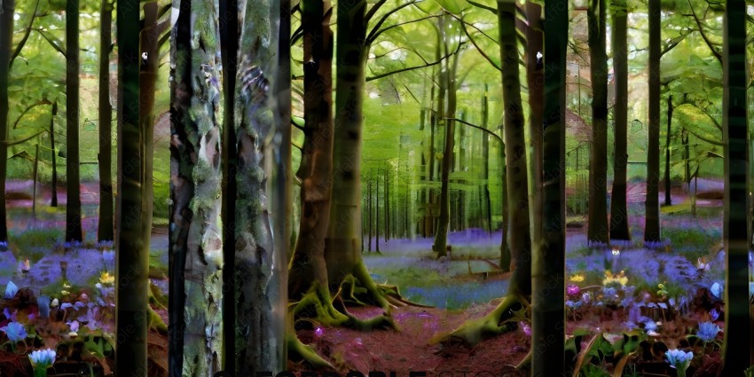 A forest with mossy trees and blue flowers