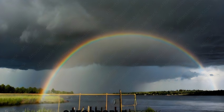 A Rainbow Over a Lake with a Cloudy Sky