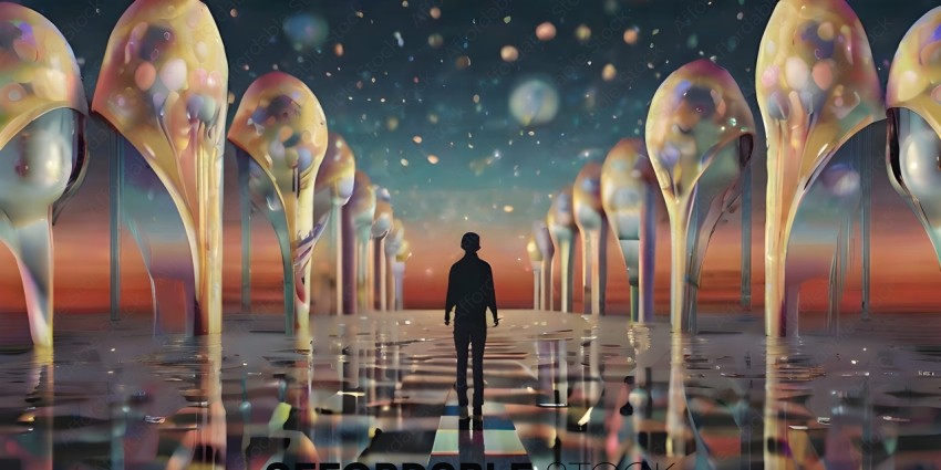 A person standing in the middle of a reflective pathway