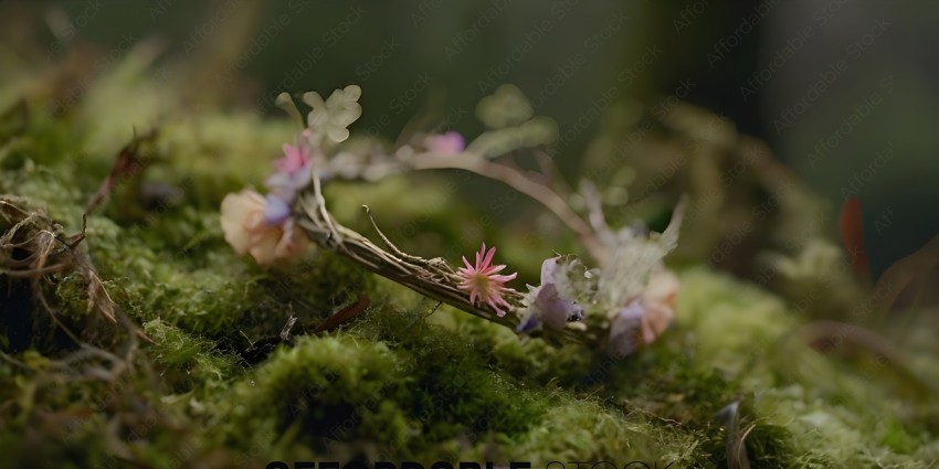 A flower arrangement made of moss and flowers
